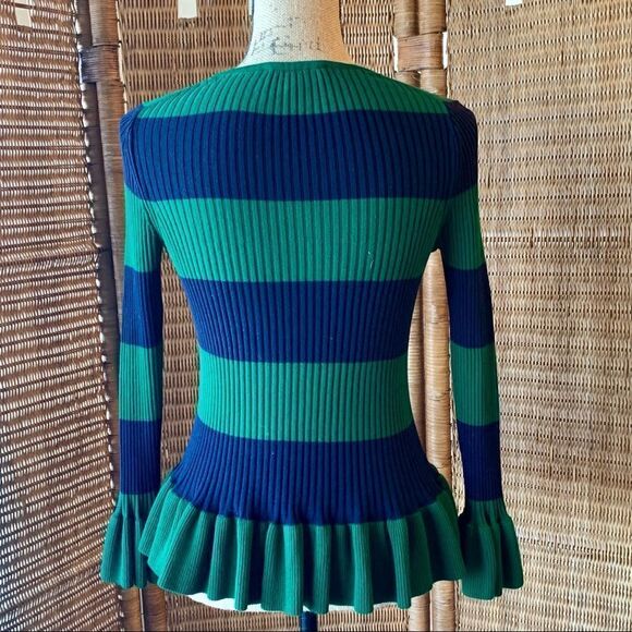 Ann Taylor Green & Blue Ruffle Cuffs Long Sleeve Rib Knit Peplum Sweater - Picture 2 of 10